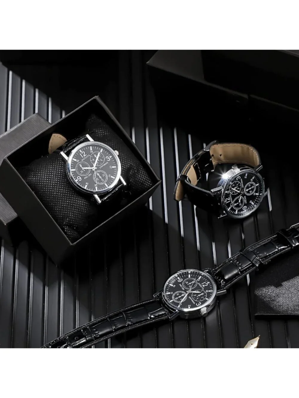 Stylish 6-Piece Men's Chronograph Watch Set - Quartz Leather Strap Gift Box